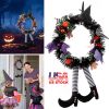 Halloween Witch Wreath - Pumpkin Door Decoration with Hat & Legs