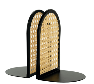 Home Decor Collection Arched Black Metal and Natural Rattan Indoor Tabletop Bookends