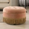 Yolanda 24" Round Upholstered Accent Ottoman, Peach Orange Velvet with Gold Trim