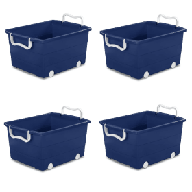 4-Pack Kids Rolling Toy Storage Bins with Handles, Stackable Wheeled Organizer, Blue