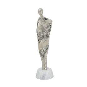 3.5x3x12" Abstract Aluminum Human Figurine on Marble Stand, Silver/White