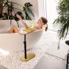 Bamboo Bathtub Tray Table Bath Side Table with Metal Base Adjustable Height