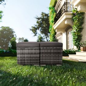 2 Wicker Ottomans, Multipurpose Outdoor Furniture For Patio, Backyard, Additional Seating, Footrest, Side Table With Storage, Removable Cushions (Color: GREY)
