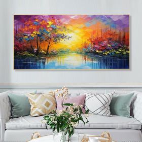 Hand Painted Oil Painting Abstract Autumn Forest Painting Original Lake Hand Painted Oil Painting Yellow Sunrise Landscape Reflection Art Room Decor (style: 01, size: 70x140cm)