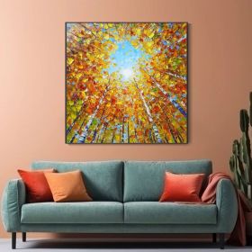 Boho Autumn Landscape Painting Sunshine Birch Tree Forest Oil Painting Custom Hand-painted Home Wall Decor Modern Minimalist Decor Painting (style: 01, size: 80x80cm)